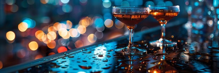 Showcase glasses with an enticing alcoholic drink on a dewy glass table, creating a vibrant atmosphere for the perfect night out.