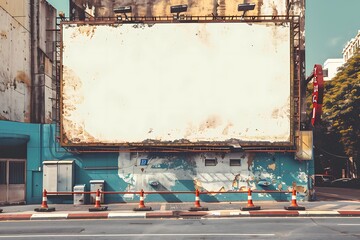 Street wall cinema setting featuring a classic retro-style blank billboard for nostalgic film advertisements.