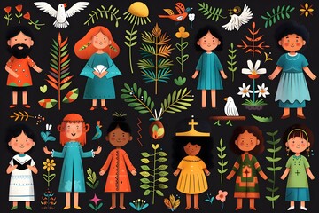 Colorful cartoon illustration of diverse children and nature elements on a dark background.