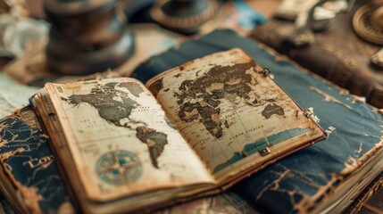 An open antique book revealing a detailed sepia-toned world map, symbolizing the journey of exploration, knowledge, and the timeless allure of discovering new worlds.