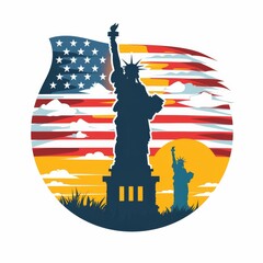 Naklejka premium Stylized silhouette of Statue of Liberty with American flag background, symbolizing freedom and patriotism.
