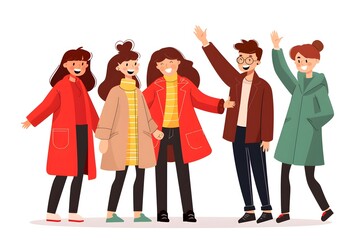 Group of cheerful friends dressed in colorful winter clothes, happily waving and smiling.