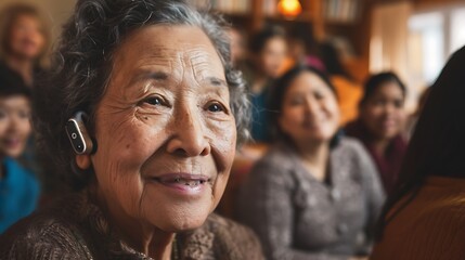 Celebrating Inclusion: Joyful Senior with a Hearing Aid Relishes Ethnically Diverse Family Moments in a Cozy, Loving Setting
