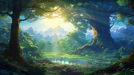 Fototapeta premium Enchanted Forest Sunrise. Serene Landscape with Glowing Light, Lush Greenery, and Tranquil Lake, Fantasy Nature Wallpaper