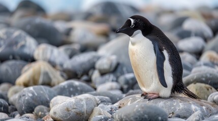 An Adelie penguin is seen standing alone on a rocky surface, highlighted by the variety of colors and shapes of the surrounding stones, emphasizing its solitary and vigilant nature.