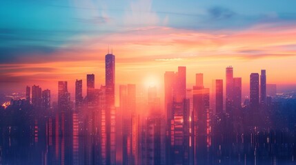 Sunset cityscape with skyscraper silhouettes, vibrant colors. urban tranquility and modern architecture concept