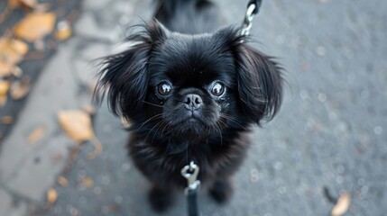 A close-up image of a black dog with expressive, shiny eyes, capturing the animal's curious and gentle nature. The dog appears on a walkway with autumn leaves.
