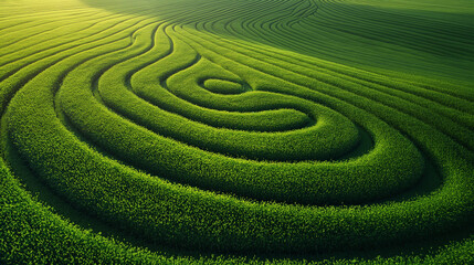 A telephoto angle photo of a series of crop circles in a lush green barley field, each circle connected by perfectly straight lines, environmental scientists, engineers, activists
