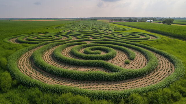 A telephoto angle photo of multiple crop circles in a soybean field, the intricate designs blending harmoniously with the natural rows of plants, environmental scientists, engineer