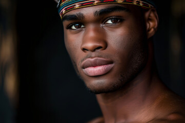Close-up portrait of a young man of African descent, studio photo, against a sleek gray studio backdrop