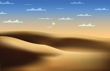 sunny desert landscape, where the sands shine under the sun and clouds in the sky