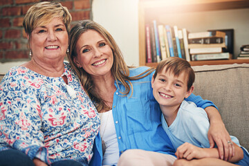 Family, portrait and happy home with child, smile and woman in living room with grandmother or love together. Generations, relationship and son on weekend break, apartment and sofa with people