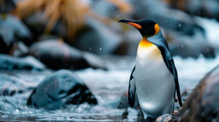 Fototapeta premium An elegant Emperor Penguin stands poised in a serene winter landscape with snow falling, capturing the majestic beauty of the Antarctic wildlife amid its natural surroundings.