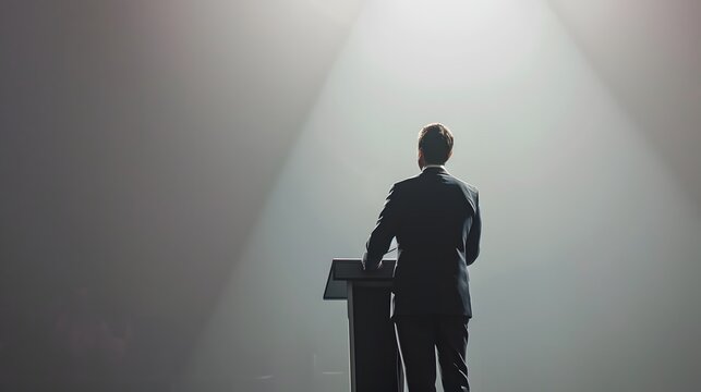 Silhouette of a speaker giving a speech on stage under a spotlight, conveying leadership, motivation, and inspiration.