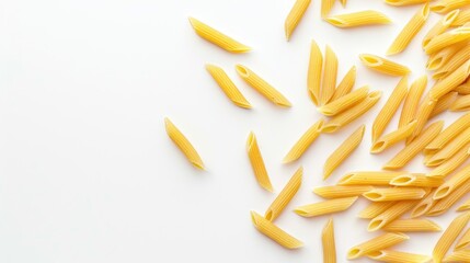 Raw organic penne rigate pasta on white background Traditional Italian cuisine Uncooked dried penne top view with copy space