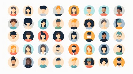 A collection of diverse icons representing various people, showcasing a wide array of hairstyles, skin tones, and styles, emphasizing individuality and variety.