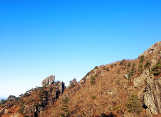 Mountains and Rock Rock Walls from the top of the mountain at sunrise early in the morning