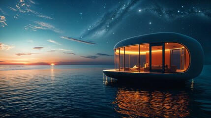 a boat floating on top of a body of water under a night sky