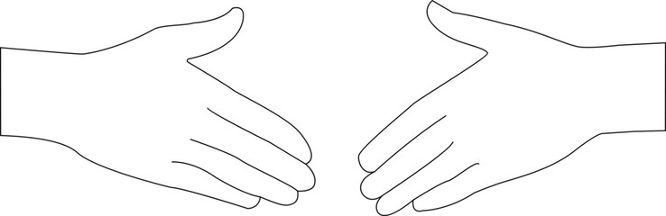 Outline illustration of two hands moving towards each other for a handshake. Black color. Vector illustration. Transparent background