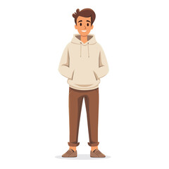 A man stands and smiles , full-length, simple minimalist illustration, flat illustration, isolated on a white background, one character