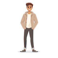 A man stands and smiles , full-length, simple minimalist illustration, flat illustration, isolated on a white background, one character