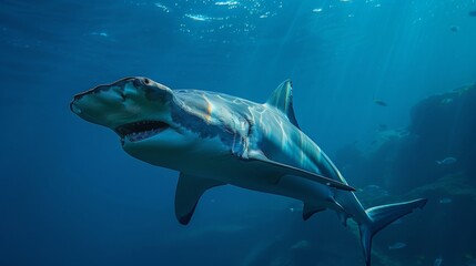 Naklejka premium Majestic shark swimming underwater in the ocean. Wild marine life captured in a stunning and dramatic underwater setting. Free to use AI-generated image.