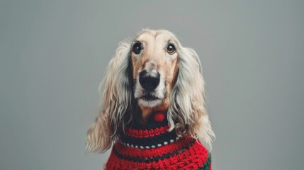 A cute long-eared dog is photographed in the studio, showcasing a red knit sweater, evoking a warm and cozy feeling, perfect for winter fashion and pet lovers.