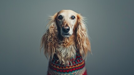An adorable long-eared dog poses for a portrait while wearing a colorful knit sweater, expressing a calm and endearing demeanor, perfect for a cozy winter day picture.