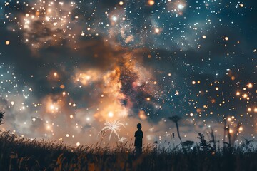 Fototapeta premium A lone figure stands in a field, gazing up at a spectacular starry sky. The night sky is filled with thousands of stars and swirling clouds.