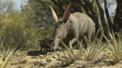 Obraz premium A touching scene of a mother aardvark and her baby walking together through the savannah, symbolizing maternal care, protection, and the journey of life in the wild.