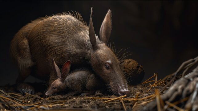 A heartwarming image of an aardvark mother protecting and resting with her baby in their burrow, showcasing a tender moment of wildlife in their natural habitat.