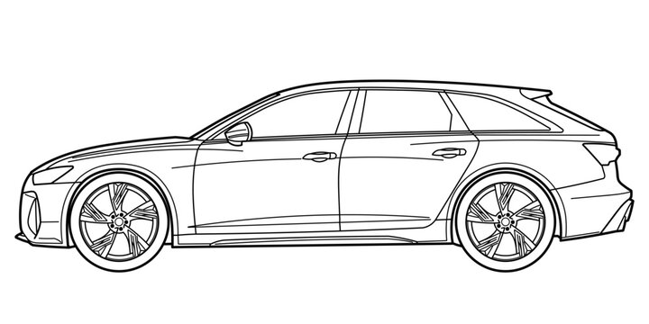 Ivano-Frankivsk, Ukraine - 28 June 2024: Outline drawing of a Audi RS6 (c8) is a high-performance variant of the Audi A6. Executive sport station wagon car, from side view. Vector doodle illustration