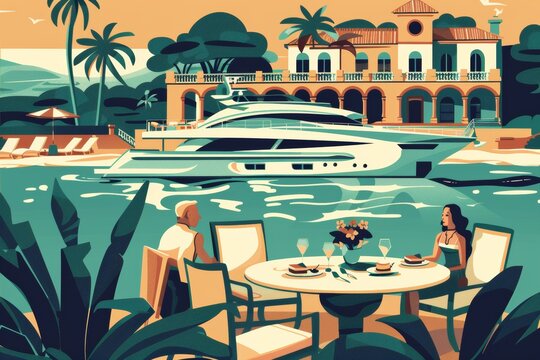 old money aesthetic flat illustration with yacht and  people on vacation at luxury resort. Hedonism, travel concept. 