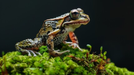 Obraz premium A close-up shot of a colorful frog perched on vibrant green moss, showcasing intricate patterns and textures of its skin while bathed in natural soft light against a dark background.