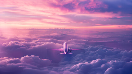 Aerial photo of the sky above clouds with a plane flying away. Dreamy pastel color palette with purple, blue and pink primary colors.