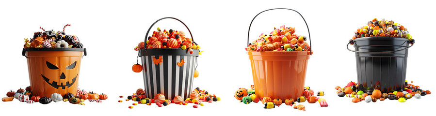 Overflowing Halloween candy bucket with assorted spooky treats on Transparent background