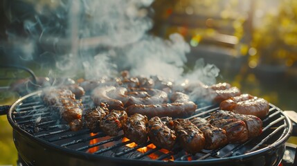 Close-up of sausages and meat grilling on a barbecue with smoke rising.