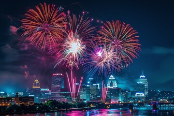 Vibrant fireworks explode over a city skyline, illuminating the night sky with colorful bursts.