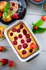 Sweet cottage cheese casserole with strawberry filling