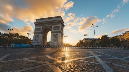 Obraz premium Sunset at Arc de Triomphe, Paris with beautiful sky and empty street capturing serene evening, architectural marvel, historic monument in France.