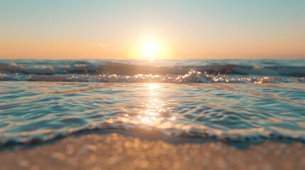 Obraz premium Serene sunset over the ocean with gentle waves. Perfect for relaxation and tranquility themes.