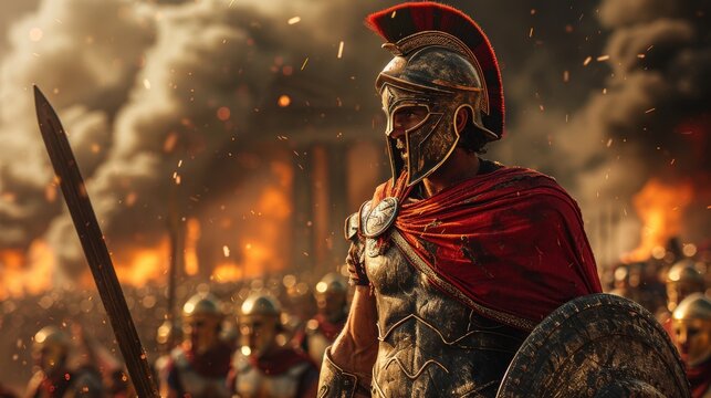 Ancient Greek warrior in armor with helmet and red cape, a battle scene - Powered by Adobe
