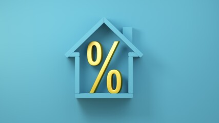 House symbol with percent, real estate purchase, mortgage, cost, investment concept. 3D illustration render.
