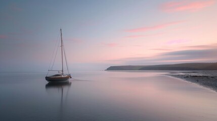 Naklejka premium Serene sunset over calm sea with a solitary boat and distant coastline