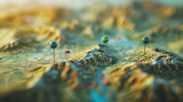 A high-resolution raised map model featuring green markers pinpointing specific sites, emphasizing the geographical terrain and landmarks in a visually engaging way.