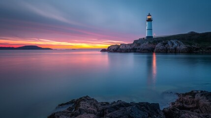 Stunning sunrise at coastal lighthouse. Tranquil blue water contrasts vibrant sky. Perfect for serene seascape lovers. Inspiration for calm moments.