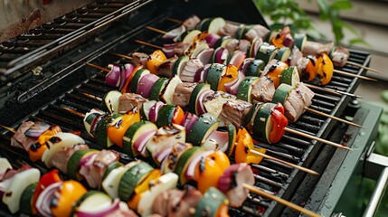 Colorful skewers of meat and vegetables grilling on a barbecue.