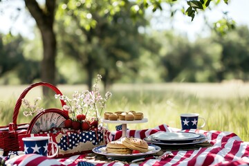 Patriotic picnic setting with red, white, and blue tablecloth, food, and drinks in a summery outdoor setting.