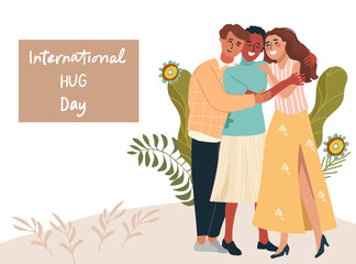 Hug day horizontal website banner with smiling hugging friends flat vector illustration