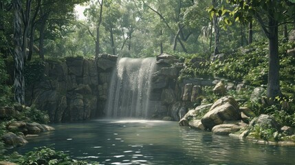 Naklejka premium A picturesque waterfall flowing into a tranquil forest pool